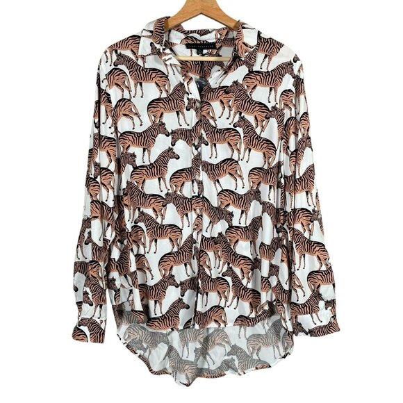 Jane + Delancey Shirt M Zebra Novelty Print Safari Roll Tab Sleeve Button Down - Picture 1 of 13